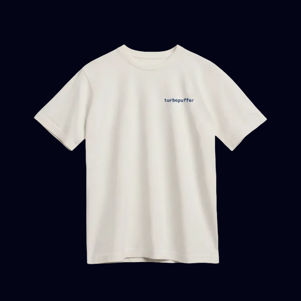 White t-shirt with a small turbopuffer text logo